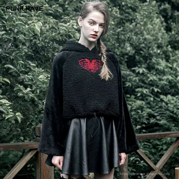 

PUNK RAVE Girl's Gothic Black Heart Embroidered Patchwork Suede Harajuku Hoodies Keep Warm Casual Women Tops
