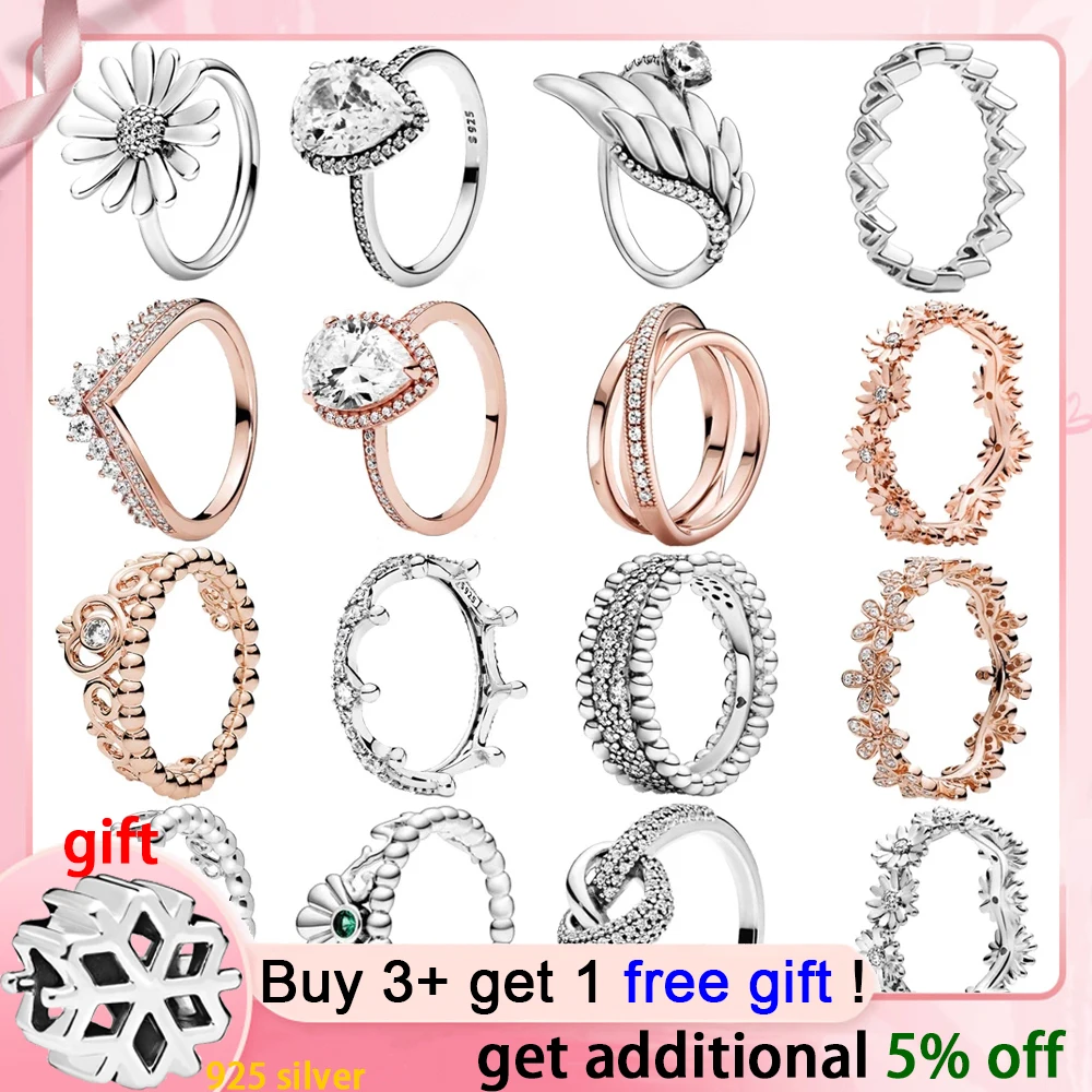

MYBEBOA Trendy 925 Sterling Silver Ring Daisy Flower Sparkling Heart Tiara Crown Rings for Women Engagement Anniversary Jewelry