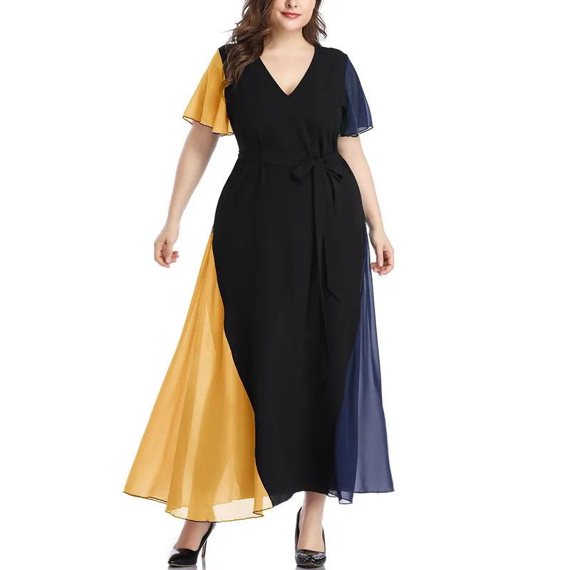 

Plus Size Chiffon V neck short sleeved Dress Contrast Color Patchwork Sexy Fashion Dress Summer Beach Party Long Maxi Dresses