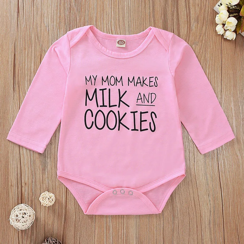 

Pink Baby Girls Bodysuits Long Sleeve Letter Print My Mom Makes Milk and Cookies Infant Coming Home Outfit Newborn Shower Gift