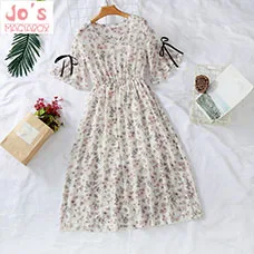 Summer-Chiffon-Print-Women-Kawaii-Dress-Mid-Calf-Flare-Sleeve-Empire-V-Neck-Office-Vintage-Party