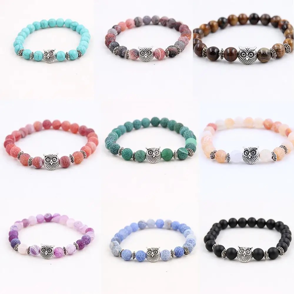 

8mm Energy Weathered Agates Chakra Bracelet Yoga Owl Accessories Bracelet Turquoises Black volcanic stone Variety Choice