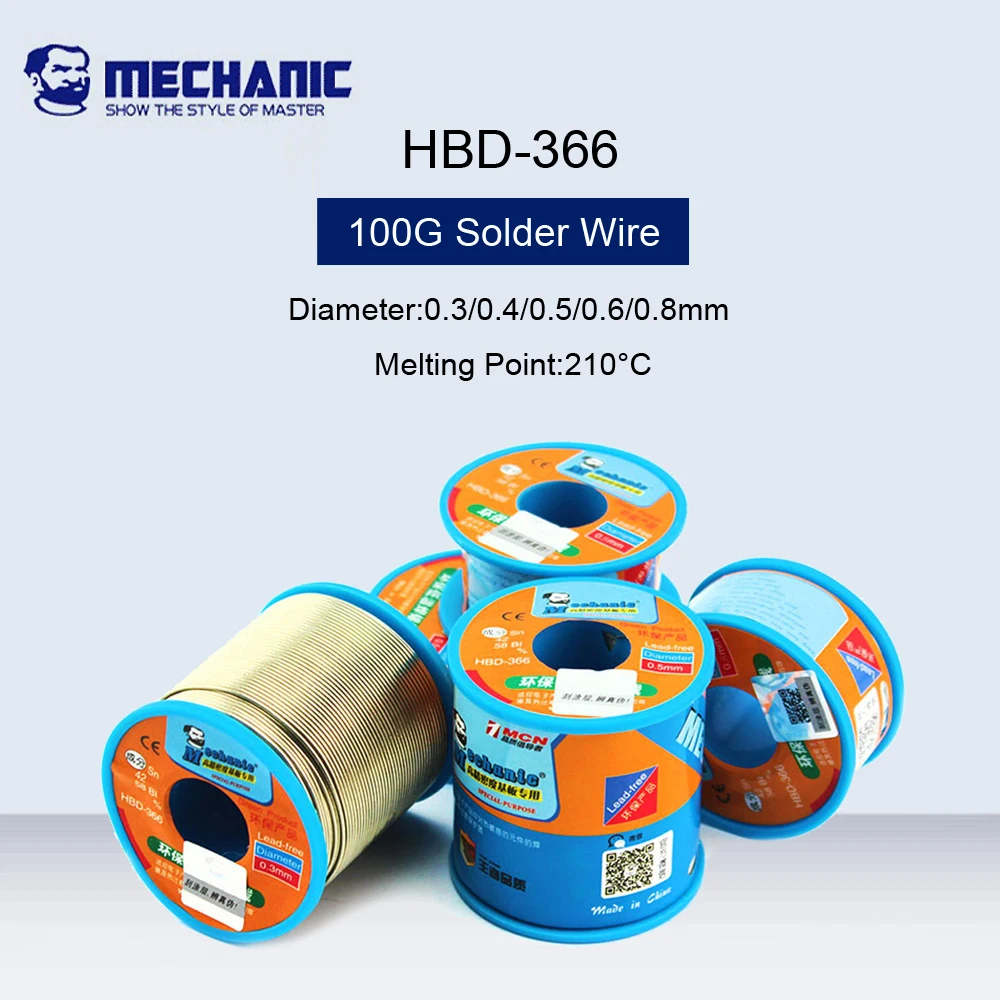 MECHANIC 100g Sn42/Bi58 0.3/0.4/0.5/0.6/0.8mm Low Temperature Solder Wire Lead Free Soldering Tin Line Roll |