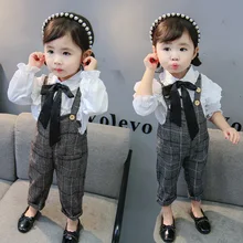 Детский сарафан в клетку, комплект со штанами, г., осенний стиль, корейский стиль, женская весенняя одежда в западном стиле для маленьких детей