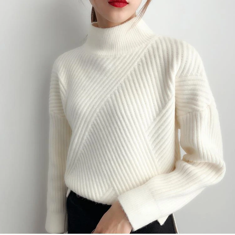 

H.SA Women Winter Sweater Turtleneck Pullovers Vertical Solid Knit Pull Jumpers Beige Warm Thick Turtleneck pull Femme 2019