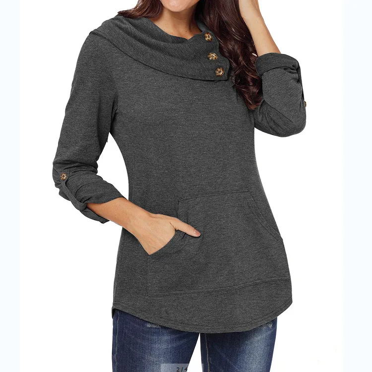 

autumn 2020 fashion woman sweatshirts gray solid button pocket pullovers turtleneck slim sheath comfortable sweatshirts