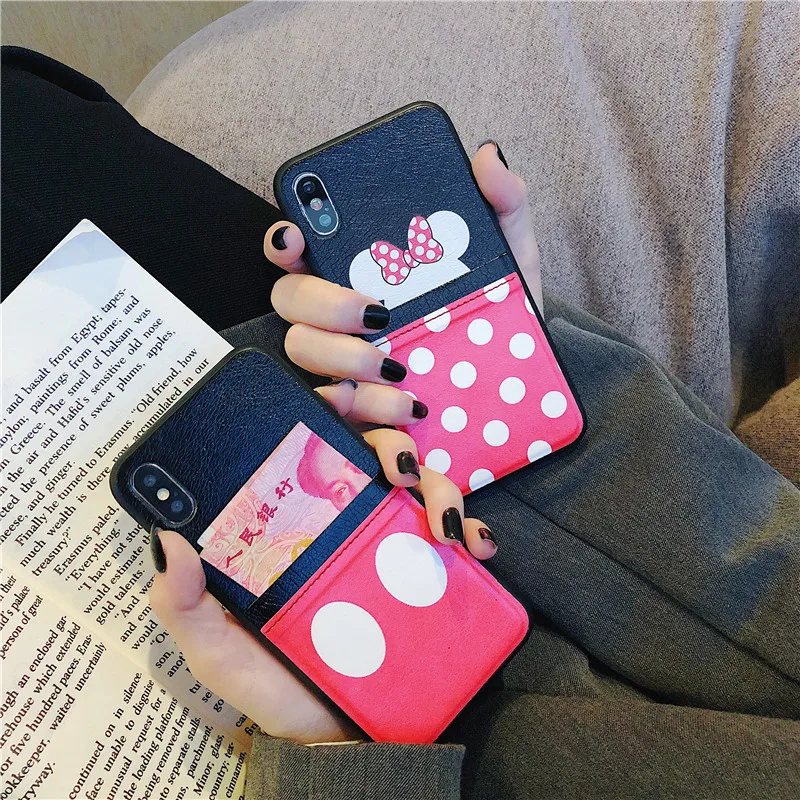 Cartoon Card Slot Case For iPhone 11 Pro Max XR X XS MAX Cute Wallet Phone Cases For iPhone 7 8 6 6s Plus 7Plus Minnie PU Cover