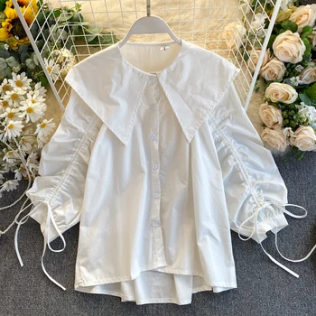

Autumn Casual Turn Down Collar Drawstring Blouse Women Single Breasted Black/White Shirts Vintage Loose Tops Female Fashion 2020