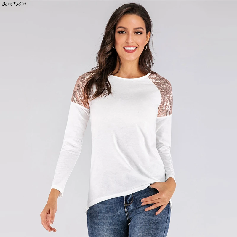 BornToGirl Spring Autumn Winter Black White Khaki Long Sleeve Sequin Stitching Women T Shirts