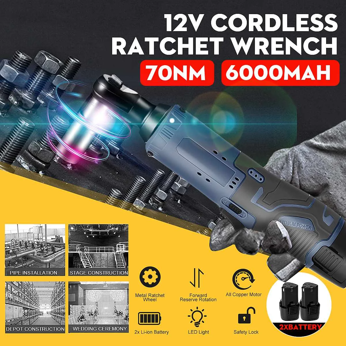 

12V 3/8'' 70Nm Cordless Ratchet Wrench 350RPM LED Ratchet Right Angle Electric Wrench Rechargeable Power Tool + 2Pcs Battery