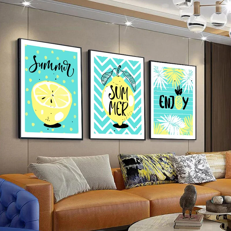 Мультяшные абстрактные листья лимона холст живопись для гостиной Декор плакаты