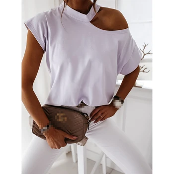 

Plus Size Korean Clothes Summer Casual Cold Shoulder Tshirt Women Slim Short Sleeve Halter Solid Tops Lady Sexy T Shirts SJ5830Y