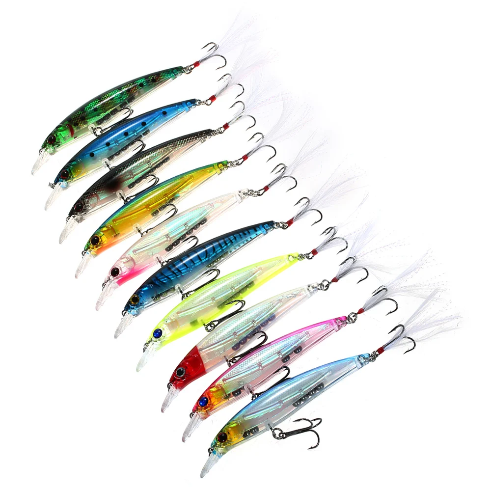 10 шт. Дайвинг Minnow приманки для ловли рыбы, 3,6g 110 мм Искусственные приманки жесткая приманка для рыбалки, набор для рыбалки со воблер с крючками для перьев#4