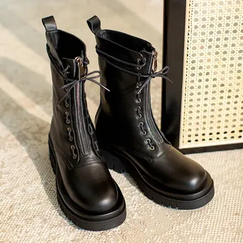 

2020 Autumn Winter Genuine Leather Ladies Ankle Boots Zipper Platform Chunky Heels Women Shoes Newest Working Party Shoes Woman