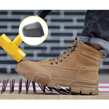 

Safety Shoes Men Soft Genuine Leather Lace Up Steel Toe Anti Smashing Puncture-resistant Indestructible Work Welding Ankle Boots