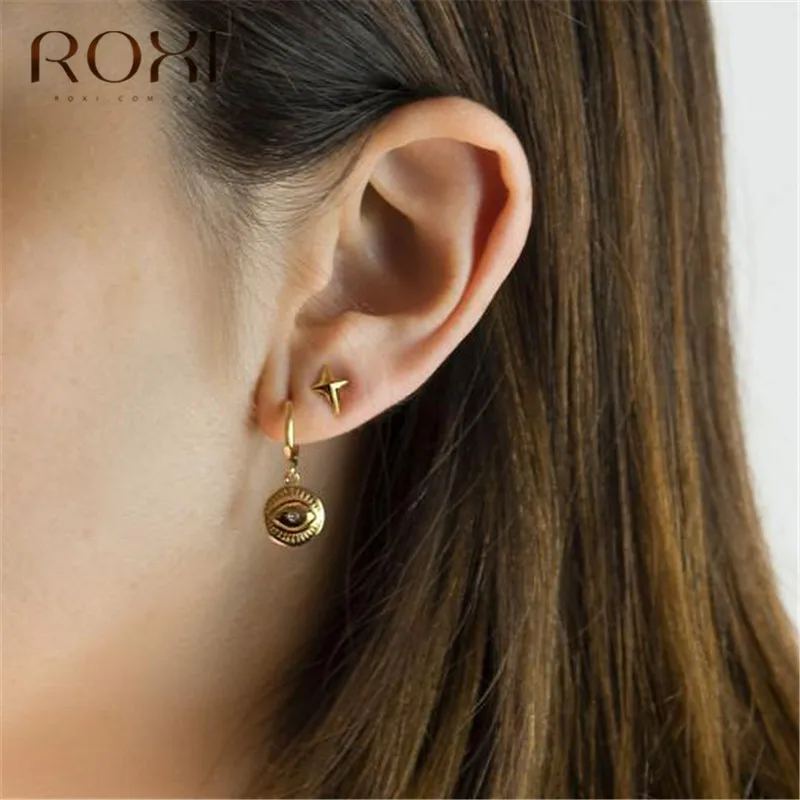 ROXI 925 пробы серебряные милые мини крошечная звезда серьги-гвоздики для женщин модные ювелирные изделия простые Индивидуальные Панк серьги вечерние