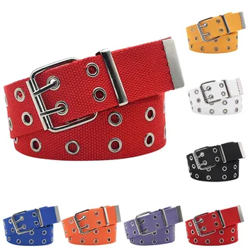

& New Designer Harajuku Wide Canvas Web Double Grommet Hole Buckle Belt Female Male Waist Strap Belts For Women Men Jeans