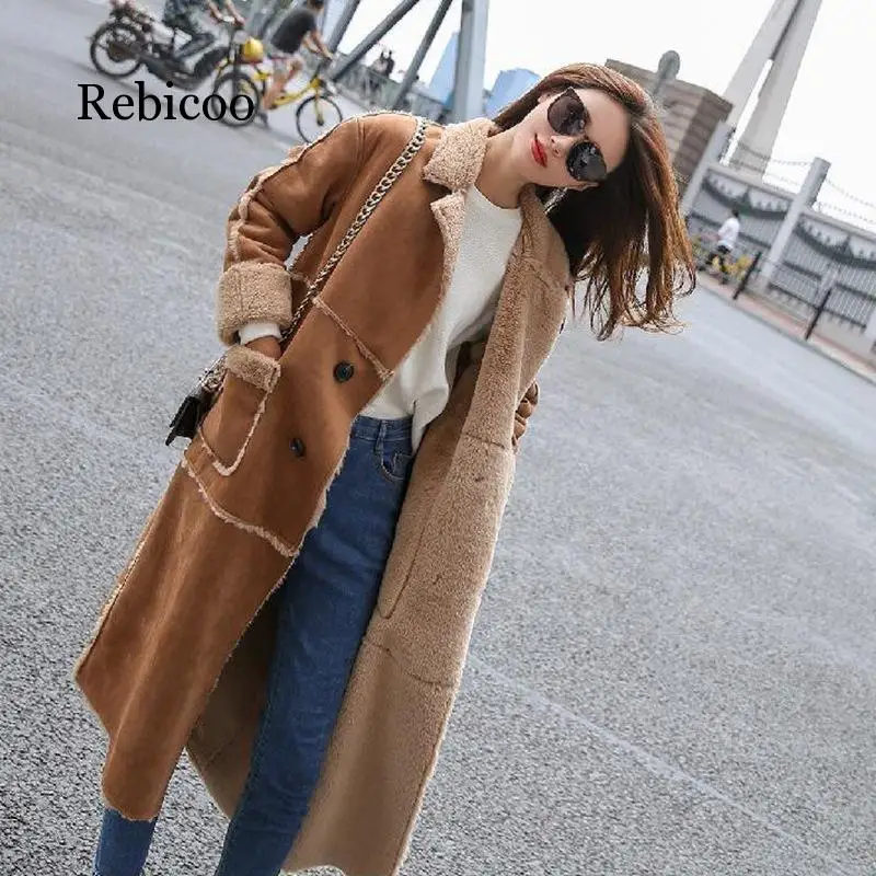 

2019 Autumn Vintage Suede Coat Faux Sheepskin Fur Inside Long Jacket Winter Women Elegant Trench Coat Female Streetwear