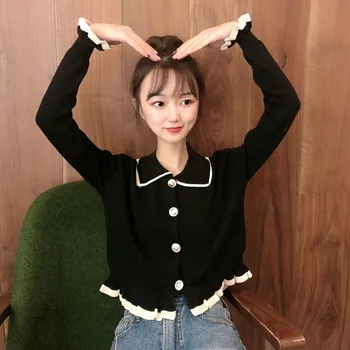 

ETOSELL Lapel Ruffled Cardigan Stitching Long-sleeved Knit Sweater Women Button Cardigan