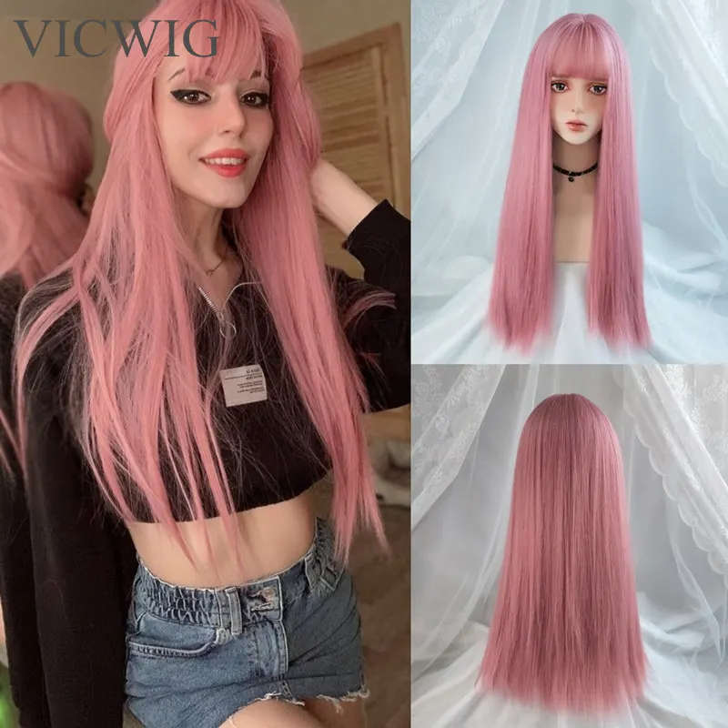 Cosplay WIG Bangs Straight Hair VICWIG Synthetic Long Women 24inch Heat-Resistant 