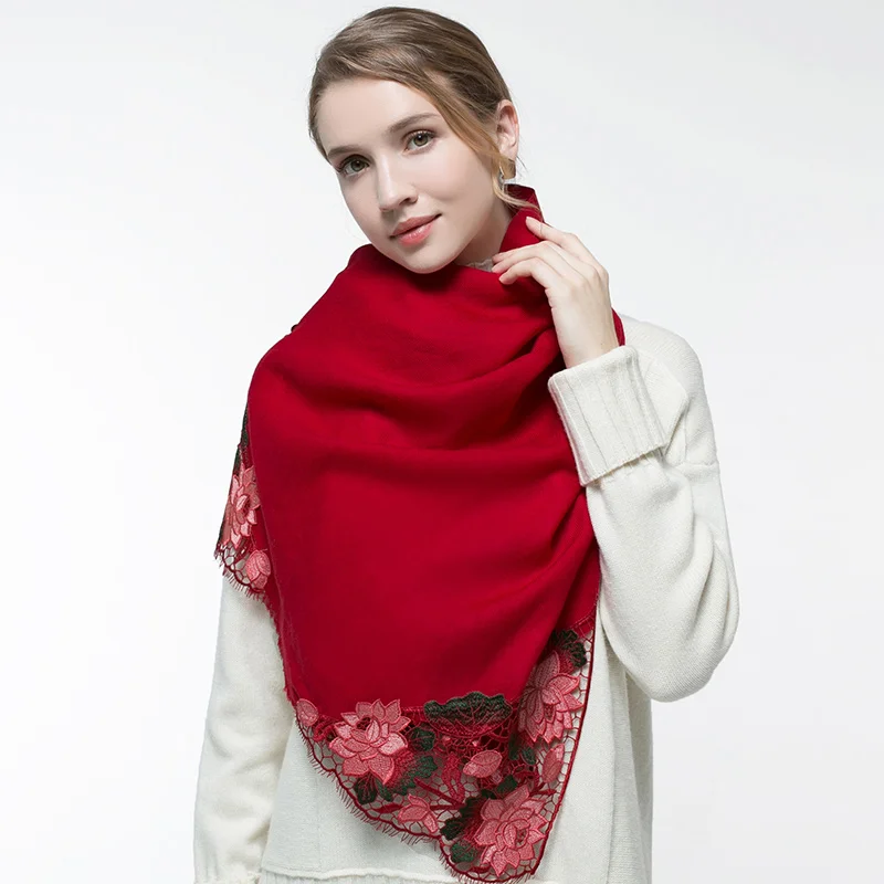 Чистый шерстяной шарф для женщин полые вышитые шали зимние розовые шерстяные шарфы Свадебные шали невесты и обертывание теплая Пашмина - Цвет: Red