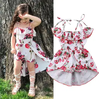 

New Summer Princess Floral Toddler Kids Baby Girl Clothes Romper Dress Jumpsuit Off Shoulder Belt Floral Print Ruffles Outfits