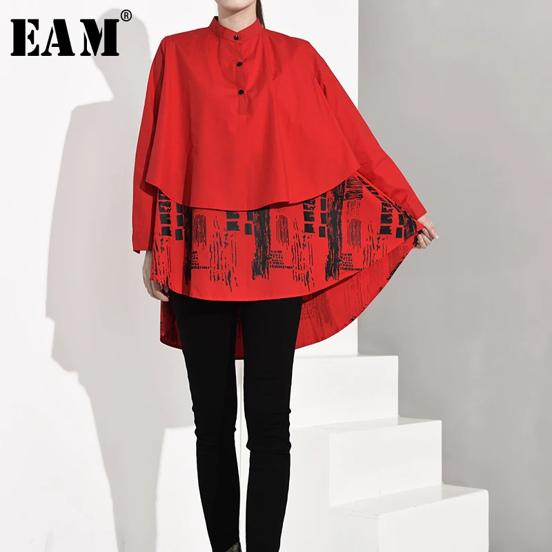 

[EAM] Women Pattern Printed Big Size Back Long Blouse Stand Collar Long Sleeve Loose Fit Shirt Fashion Spring Autumn 2019 S0560