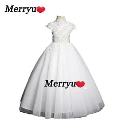 Kids Pageant Evening Gowns  Lace Appliques Ball Gown Flower Girl Dresses For Weddings First Communion Dresses For Girls