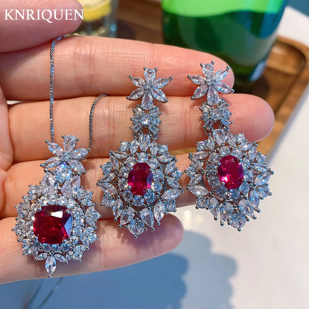 Luxury 925 Sterling Silver Ruby Gemstone Jewelry Sets for Women High Carbon Diamond Wedding Party Earrings Pendant Necklace Gift