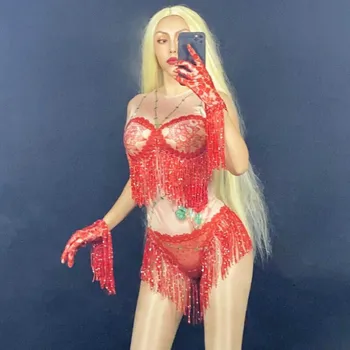 

Rose Flower Fringe Red Jumpsuit Photo Shoot Outfit Stage Dance Petal Bodysuit Nightclub Costume Female Singer Performance Wear