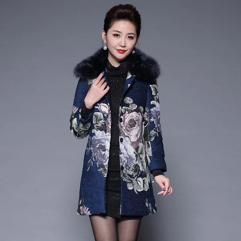 Womens Female Vintage Dobby Flower Fox Fur Collar Long Trench Coat, Fashion Elegant Coats for Women, 5xl Woman Clothes