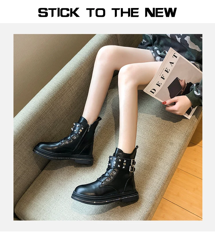 Women's Mid Calf Boots Rivets Shoes Low Heels booties Bootee Woman Booties Ladies Luxury Designer Round Toe Lace Up Rubber
