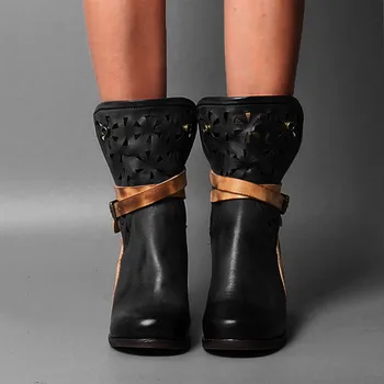 

Carved Women Winter Shoes Cutout Unisex Snow Boots Leather Buckle Fur Inside Square Keep Warm Europe and America Casual Boots