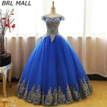 Ярко-Синий Тюль Пышные Платья Золотые Аппликации Кружева Сладкий 16 платья Бальные платья Vestidos De 15 Anos вечерние платья