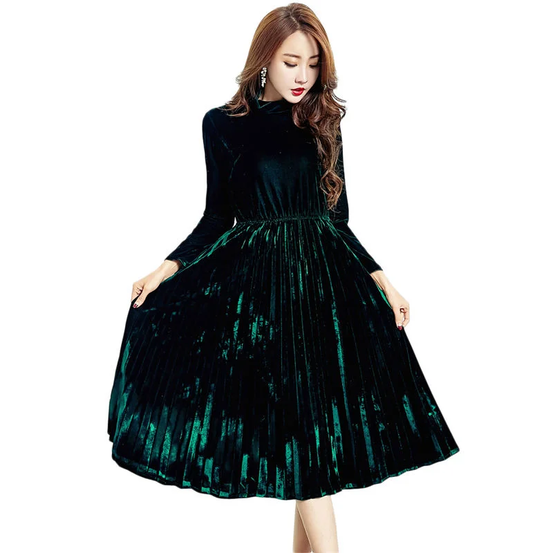 

Plus Size 4XL Turtleneck Gold Velvet Dress Women Long Sleeve Autumn Winter Pleated Dress Elegant Ladies Long Party Dresses C5843