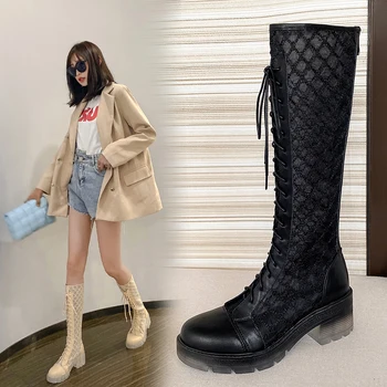 

Genuine Leather Women Knee High summer Boots Punk thick high heels Platform Motorcycle Boots Party Shoes Woman Big Size Boots