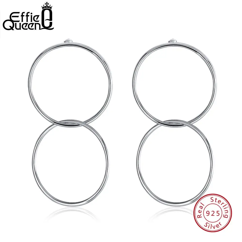

Effie Queen 925 Sterling Silver Women Drop Earrings Unique 2 Circles Buckled Round Hyperbole Earring For Rock Girls Gift TSE78