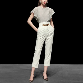 

Seifrmann Pants Suit Fashion Designer Women's Sets Gray Ruffles Short sleeve High waist Ladies Top And Shorts 2 Two Pieces Set