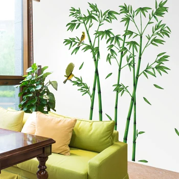 

[shijuekongjian]Green Bamboo Birds Wall Sticker DIY Pastoral Style Mural Decals for Study Room Living Room Wardrobe Decoration
