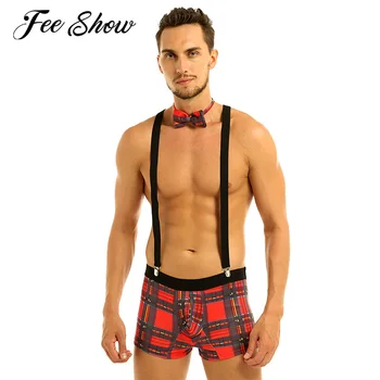 

Men Adults Lingerie Sissy Panties Cosplay Costume Uniform Sexy Underwear Plaid Bulge Pouch Boxer with Clip Suspenders and Bowtie