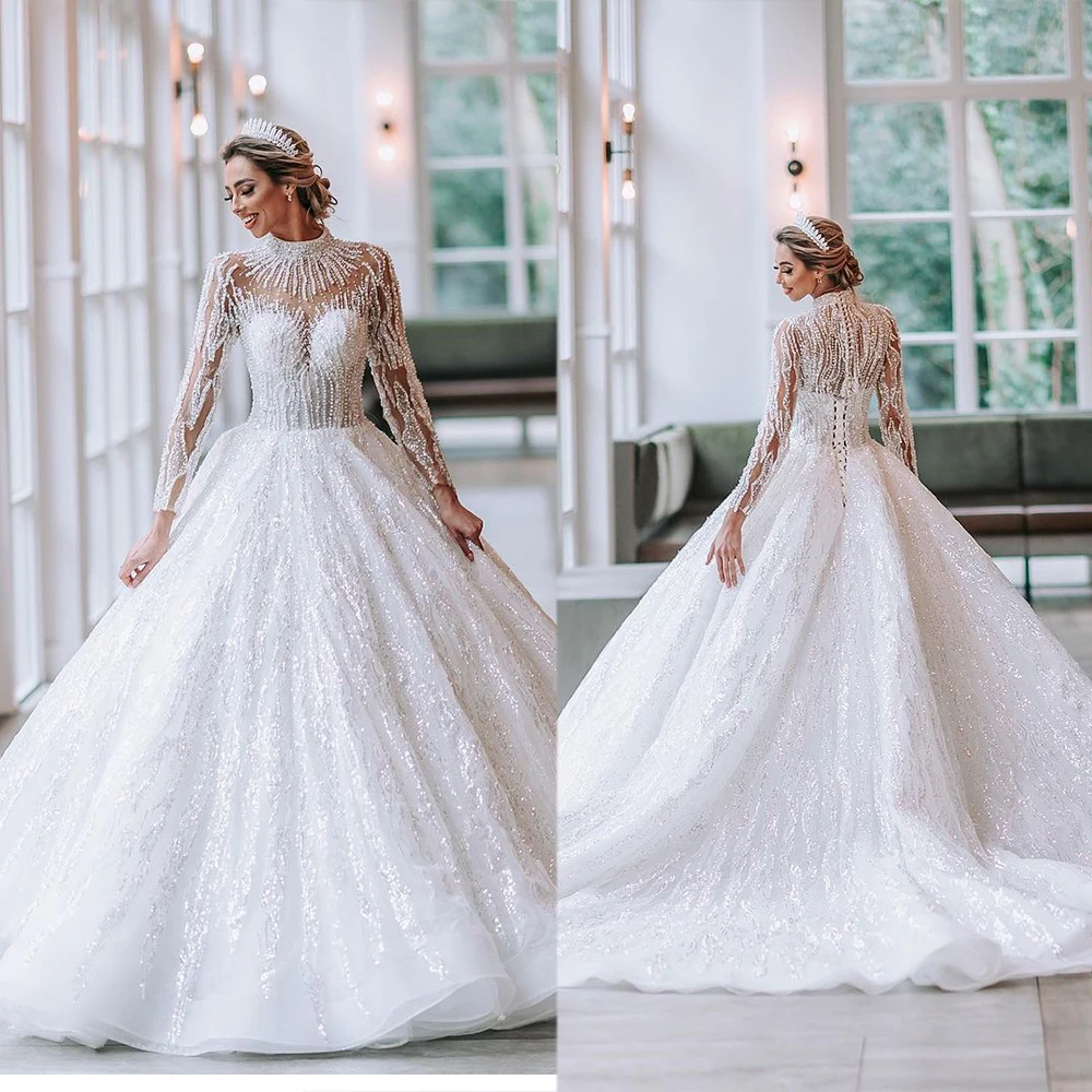 

Elegant High Neck A-Line Wedding Gown Long Sleeves Button Lace Sequins Wedding Dress Custom Made Bridal Dress Vestido De Novia