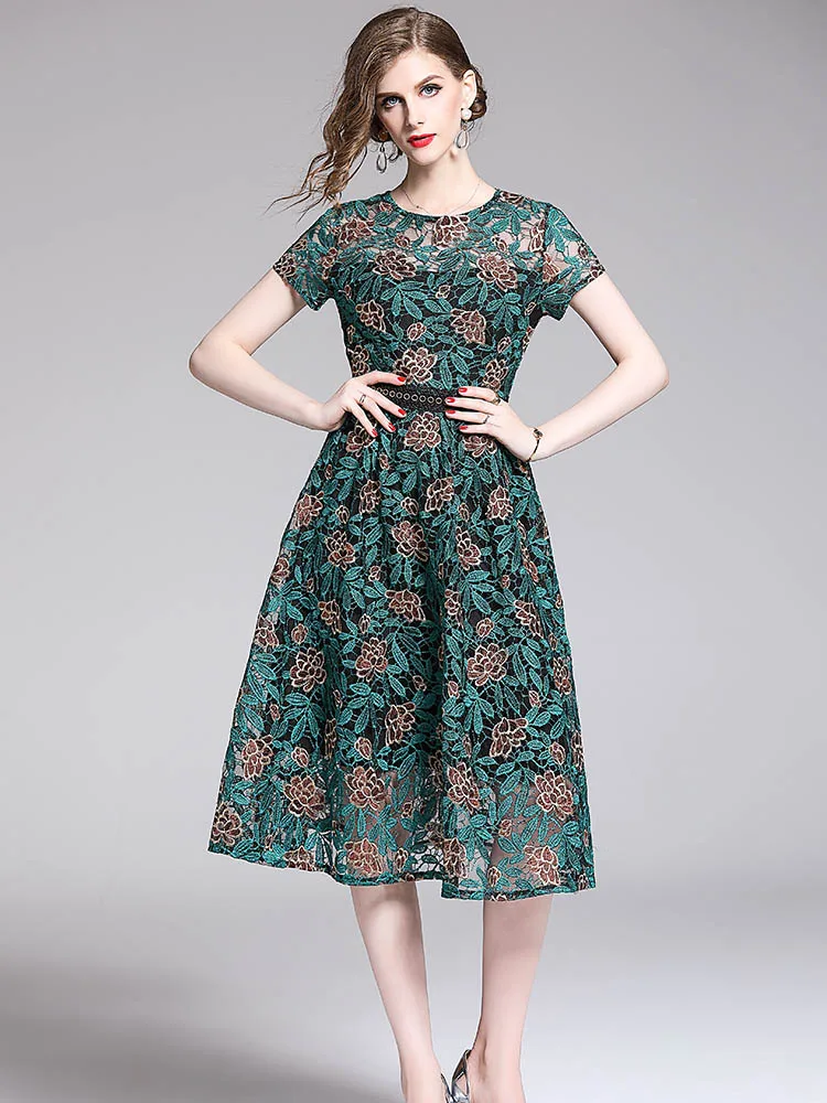 

European Vintage Floral Dress Lace Round Neck Short-sleeved Slim Long A-line High Quality Fall 2019 Trend Street Visit Clothing