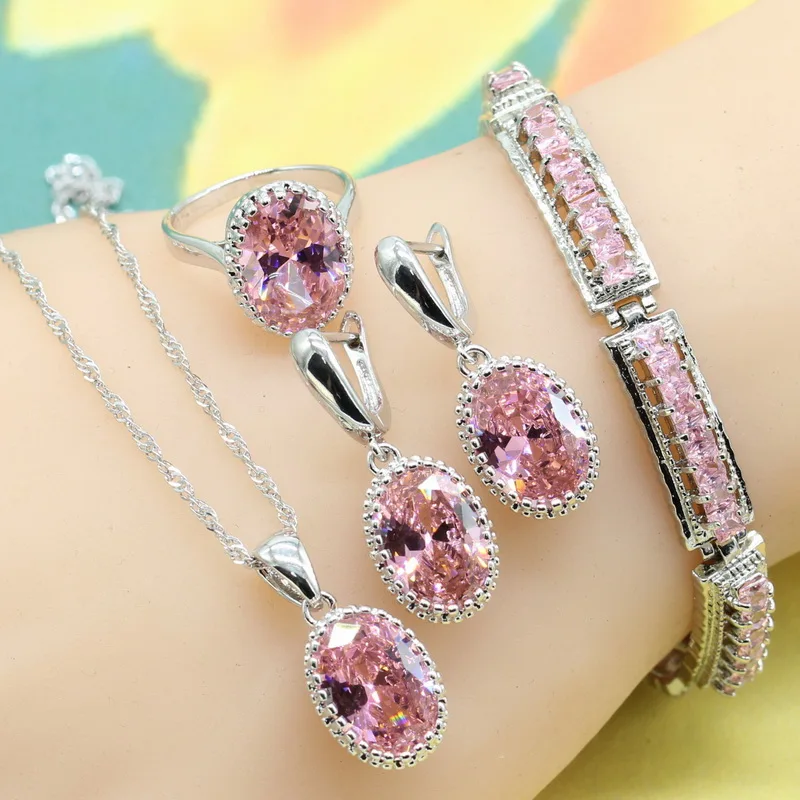 Серебро 925 Ювелирные наборы для женщин модные розовые серьги с камнями обручальные кольца кулон ожерелье женский браслет коробка