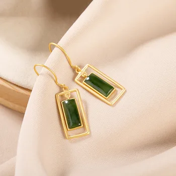 

S925 pure silver gold-plated Hetian jade jade fashionable high-grade personalized women's geometric earrings earrings