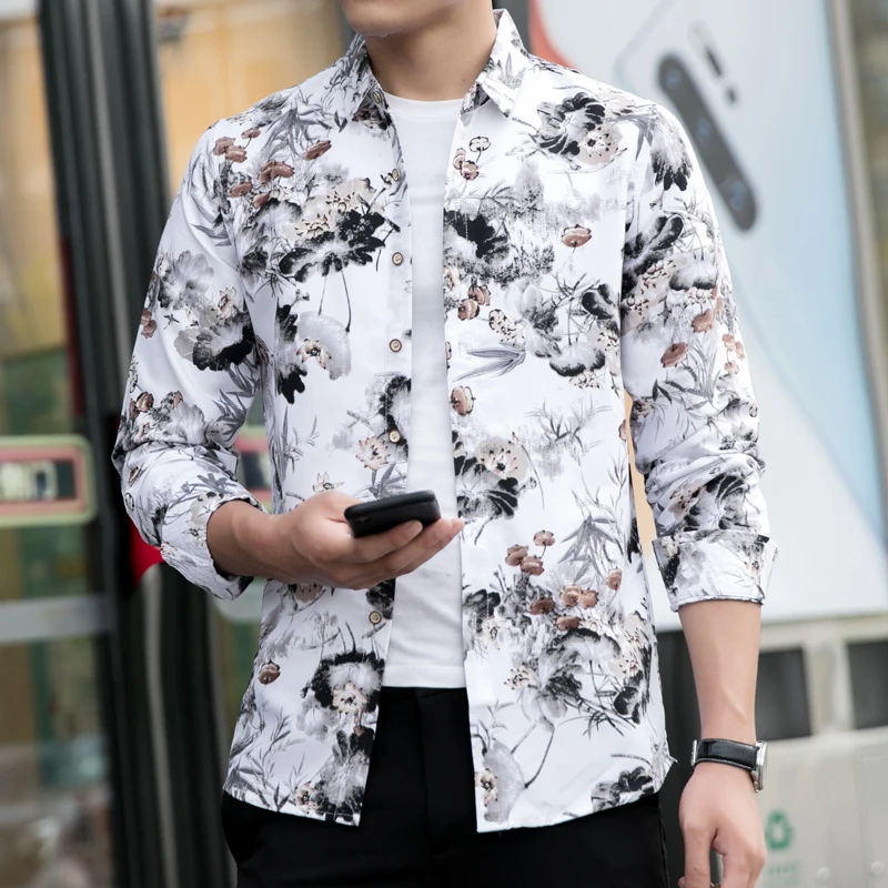2019 Fashion Casual Men s Long Sleeve Shirt Slim Trend New Men s Personality Printed Plus 4