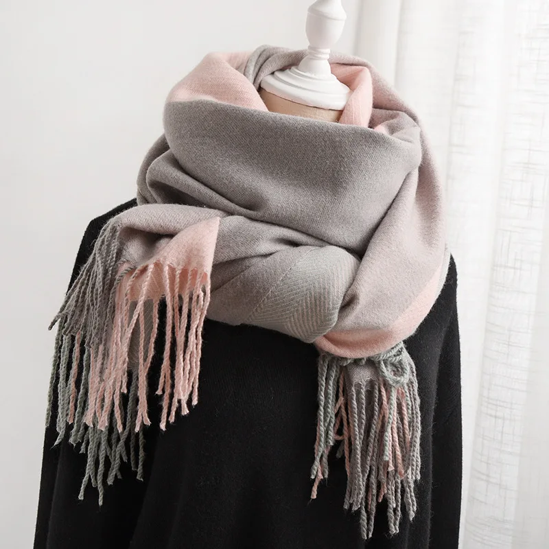 Толстый шарф для женщин зимние теплые шали кисточкой пашмины Кашемир одноцветное одеяло ЛЕДИ шеи шарфы обертывания пончо Bufanda - Цвет: Pink gray