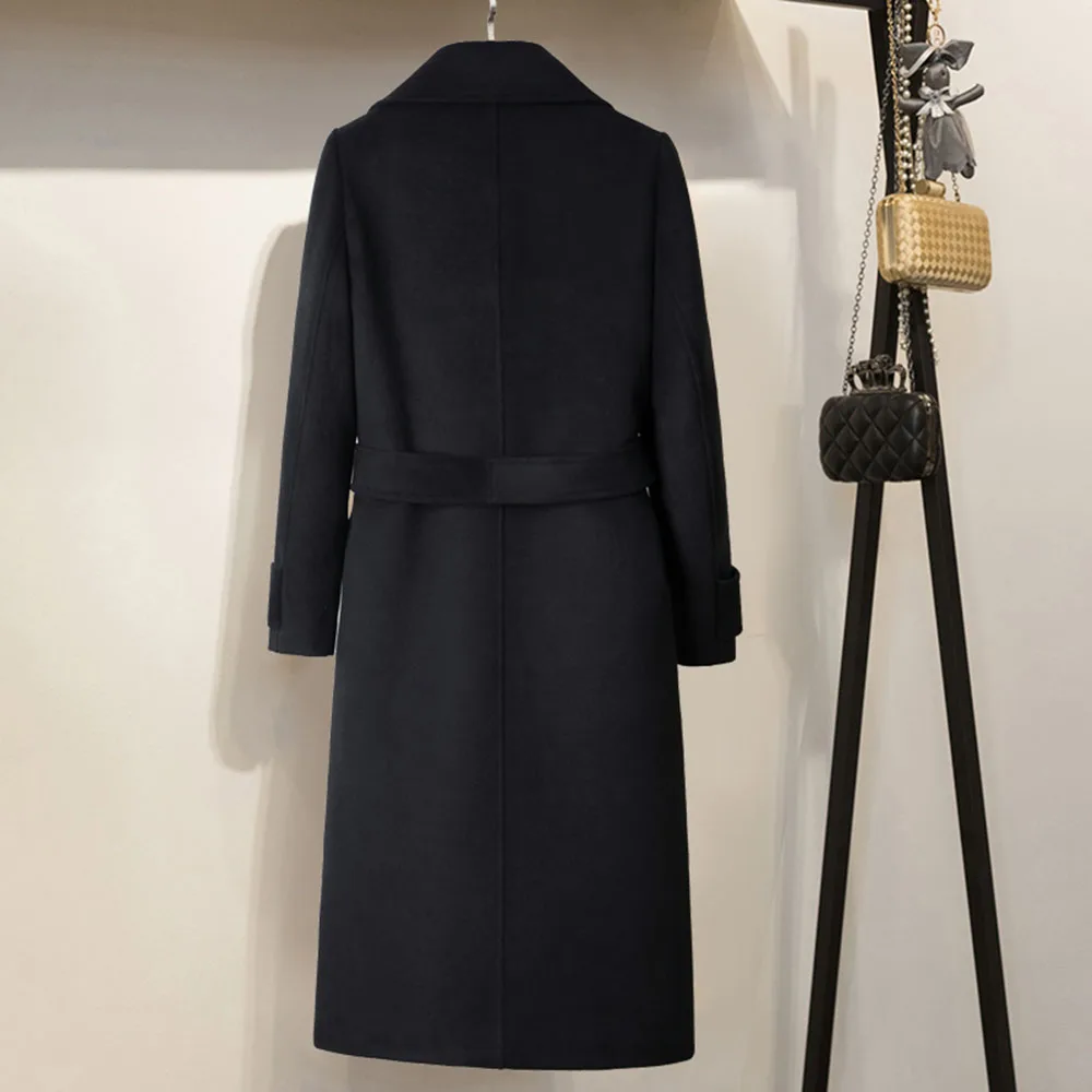 Осеннее офисное женское винтажное черное шерстяное пальто с запахом женское длинное Хепберн из смеси шерсти элегантное минималистичное