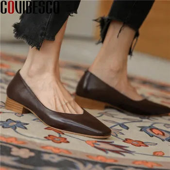 

COVIBESCO Shallow Concise Genuine Leather Women's Shoes 2020 Autumn Fashion Square Toe Thick Heels Pumps Office Lady Shoes Woman
