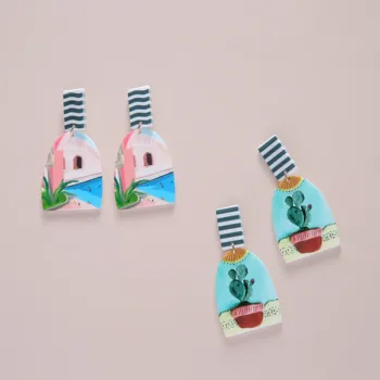 

AOMU 2020 New Design Colorful Graffiti Beach Swimming Pool Cactus Printing Long Dangle Drop Earrings for Women Jewelry