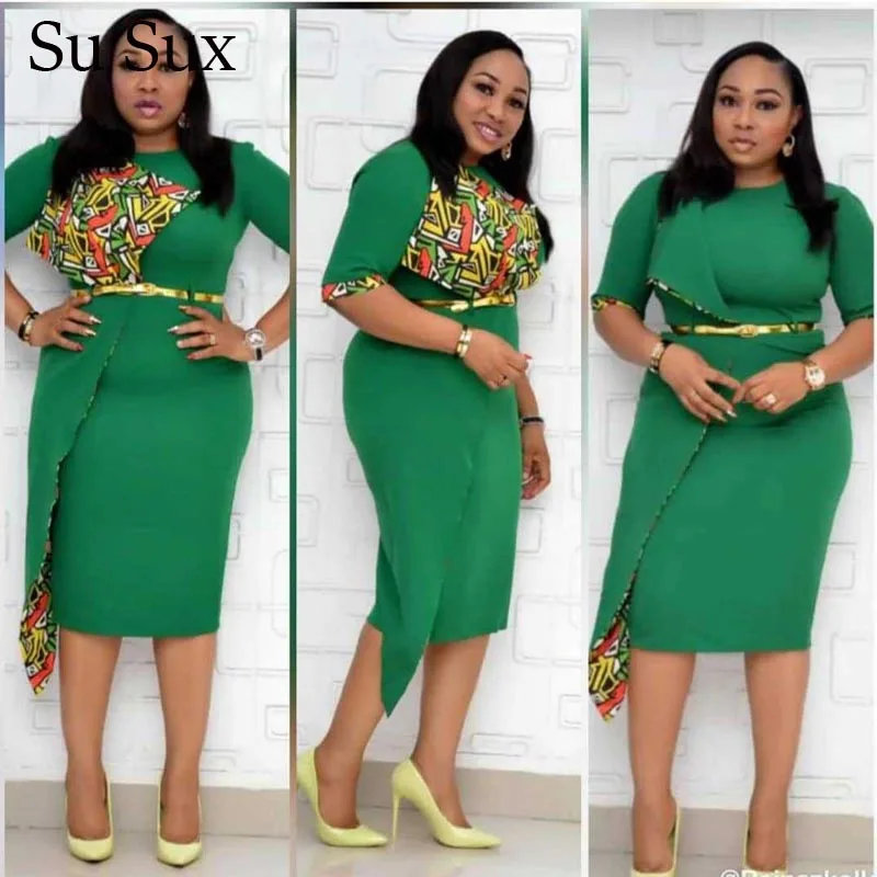 

African Clothes Office Lady Dress African Dresses For Women O-Neck Knee Length Bodycon DressGlod Belt Robe Partyclub Vestidos